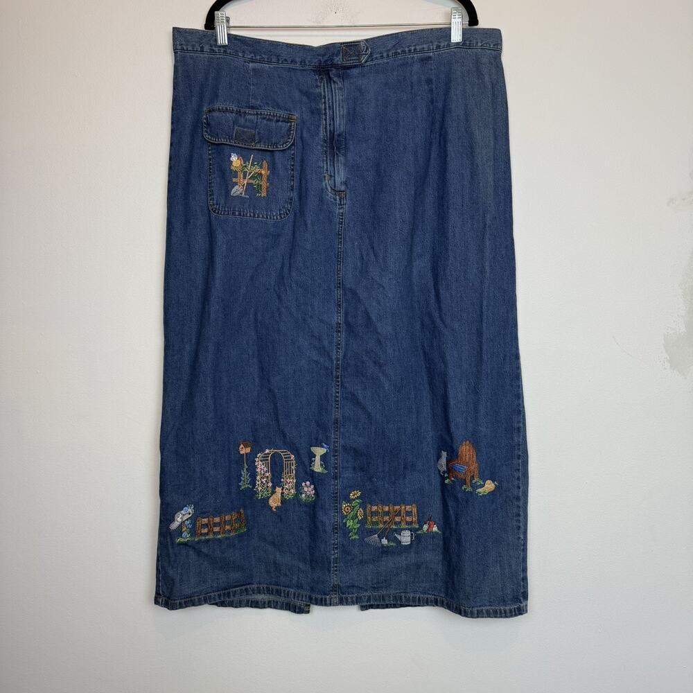 Vintage Crossroads denim maxi skirt embroidered boho cottagecore garden 22W